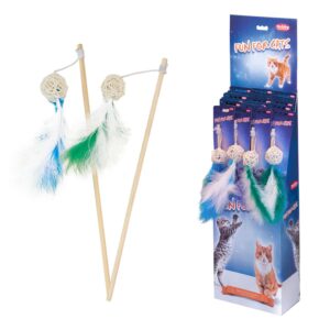 Display, Wooden rod with rattan ball and feather, 12 pcs