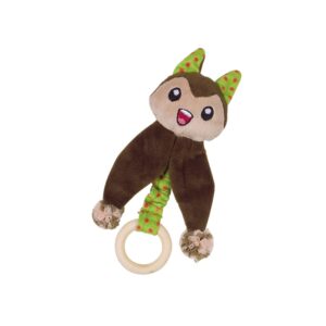 Plush cat with catnip and wooden ring.