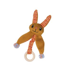 Plush bunny with catnip wth wooden ring.